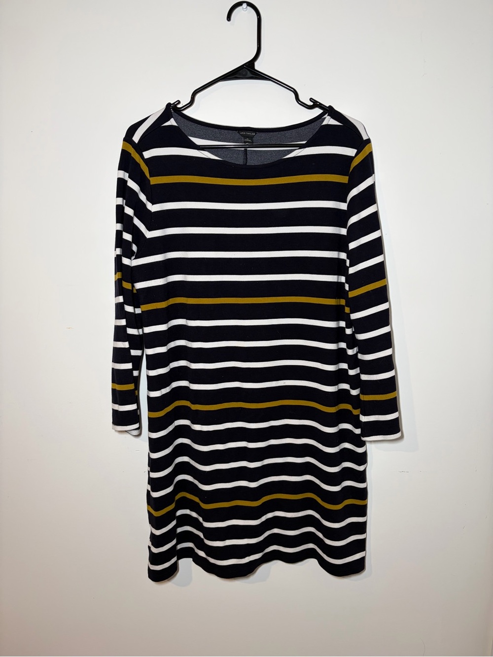 Ann Taylor Black, White & Mustard Stripe Long Sleeve Shift Dress